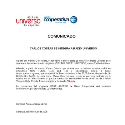 Carlos Costa se Integra a Radio Universo